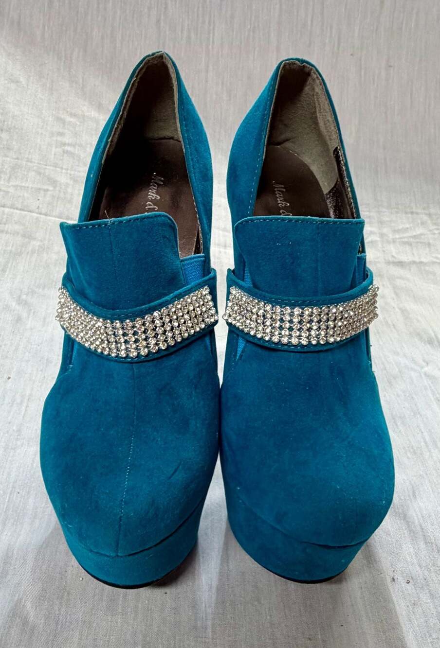 Mark & Maddux Teal Faux Suede Platform High Heel Pumps with Rhinestone Detail